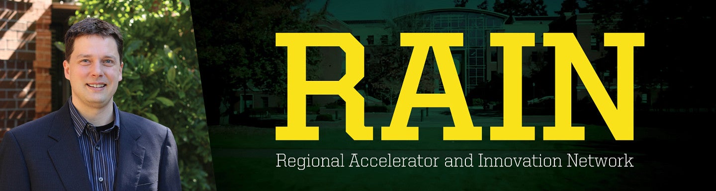 E-news banner image photo of Andrew Nelson with text RAIN: Regional Accelerator and Innovation Network
