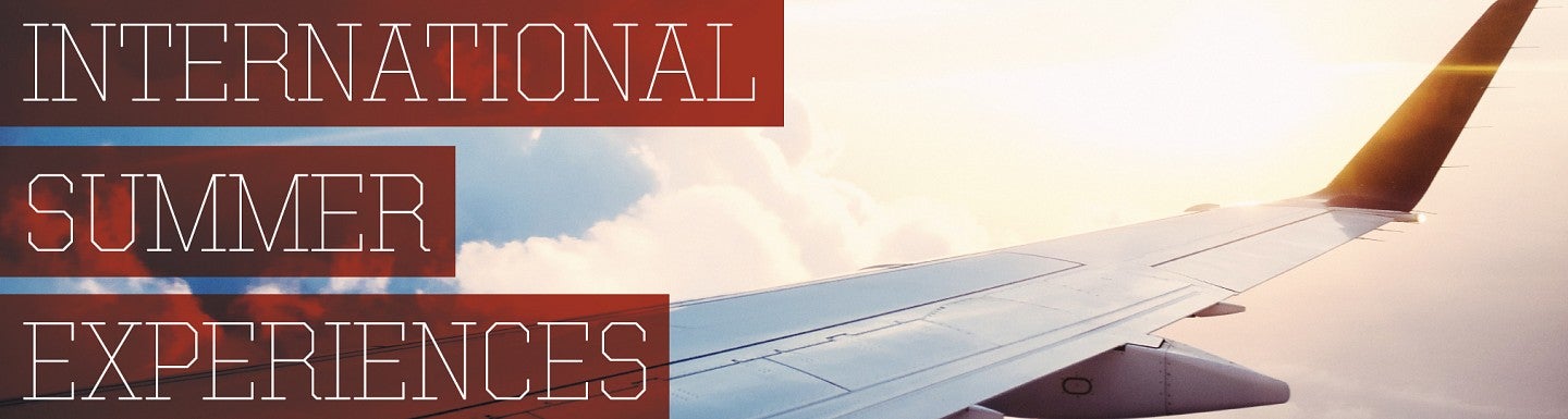 Photo of a plane wing with text on top saying International Summer Experiences