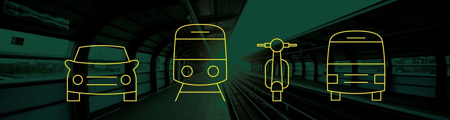 Icons of transportation methods atop a green background image of a train station