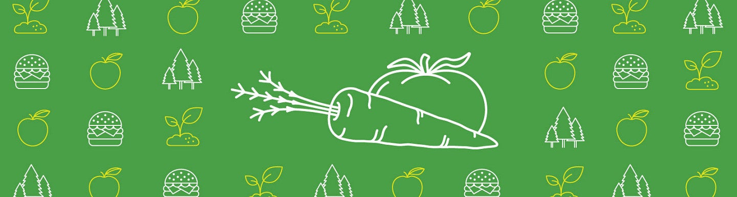 Icon of a carrot and tomato in white against a green background
