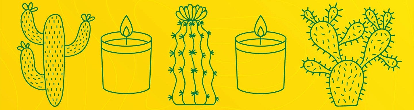 Graphic lineart of cactuses and candles