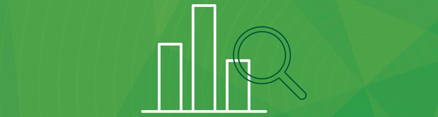 White line art of a bar graph and magnifying glass against a green background