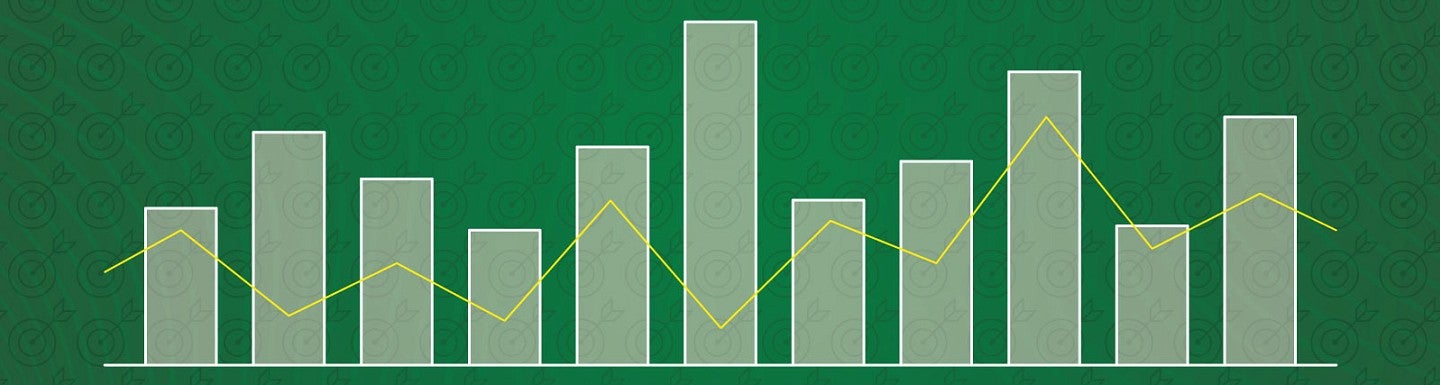 Graphic design of a bar chart in light green against a green background