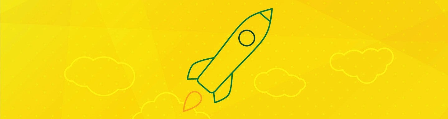 Green icon lineart of a rocket on a yellow background