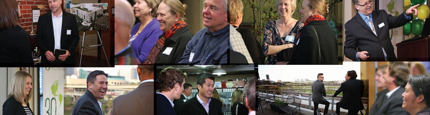 A collage of photos of people at the event, including some in the audience listen, speaker presenting and people network at a reception