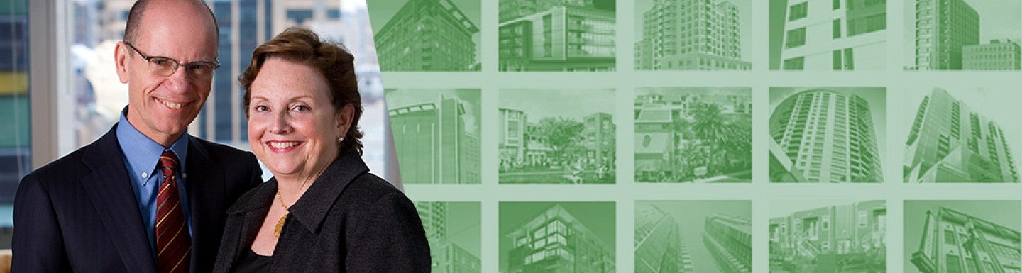 Mark and Ann Edlen next to a collage of buildings