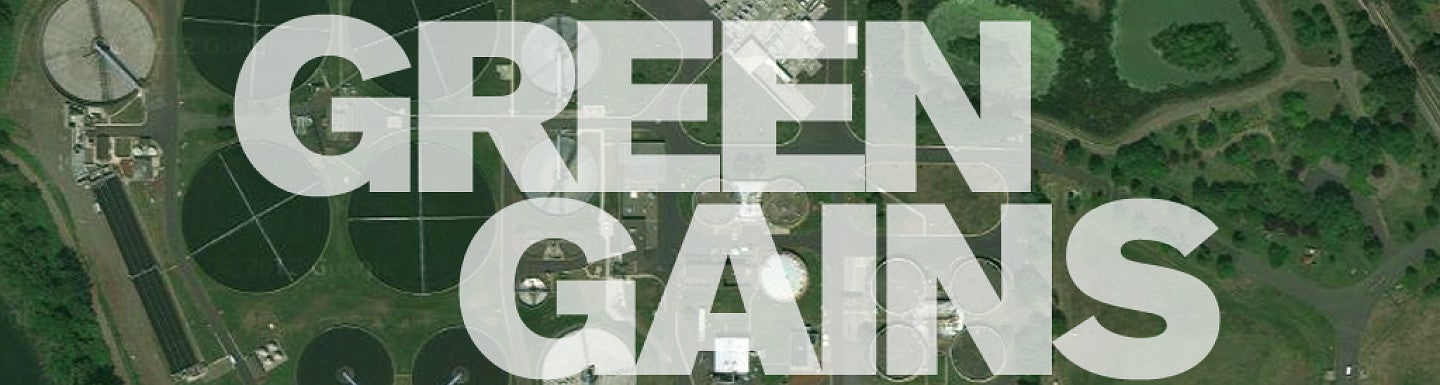 Air photo image overlaid in green with the words "Green Gains"