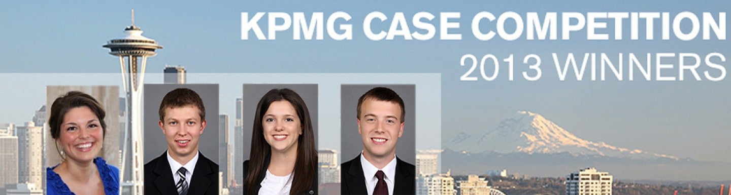 Headshots of each of the four winning students on a picture of Seattle skyline