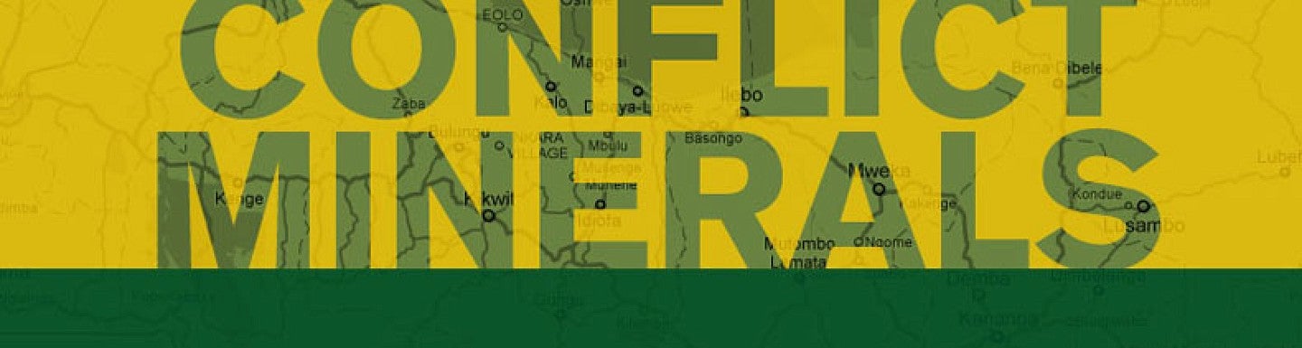 illustration image with the following words overlaid and semi-transparent on a map: Conflict Minerals