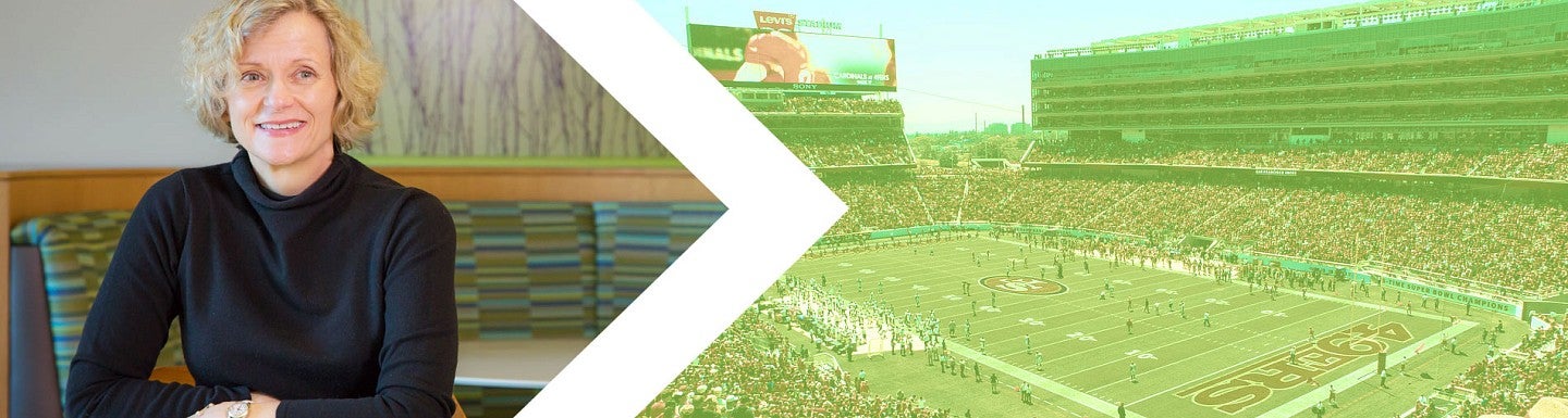Image of Bettina Cornwell against a backdrop of Levi Stadium