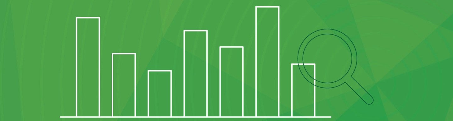 Lineart icon of a bar graph and magnifying glass against a green background