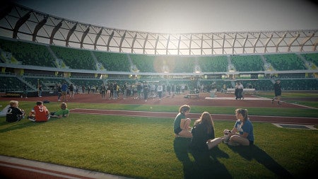 Students participate in a field day at Hayward Field in the lead up to the World Championships.