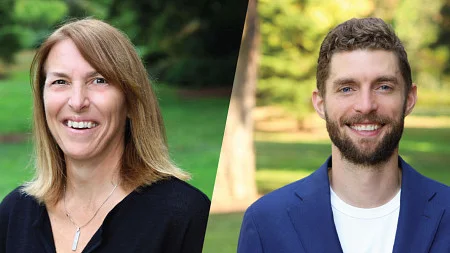 Collage of head shot photos of Lauren Anderson (left) and Jeff Sorenson (right) with a diagonal dividing line in the middle between the two photos