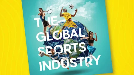 Cover of the book titled "The Global Sports Industry" at an askew angle in the middle of a bright yellow background