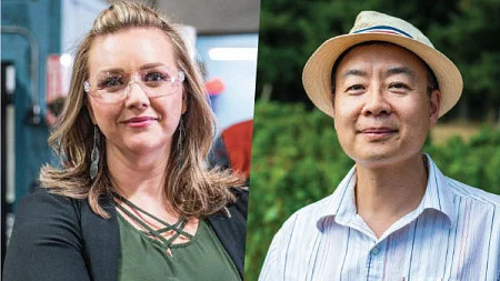 Head shot portrait photos of Brandi Martin and Ye Feng split 50-50 on the image with a diagonal line separating the photos