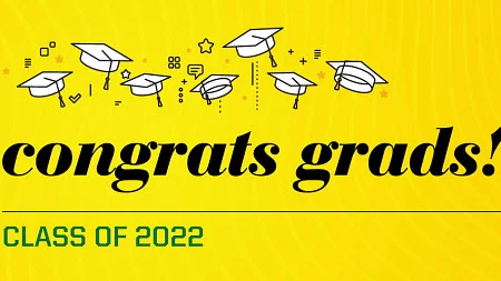 Photo of Mackie Swan wearing a cap an gown with an illustration image containing the words Congrats Grads: Class of 2022