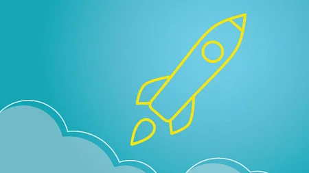 Illustration image showing a line art rocket in yellow breaking through the clouds on a light blue background