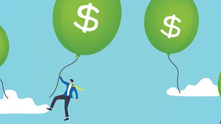 Simple digital art design of a person holding onto the string of a floating balloon with a dollar sign on it