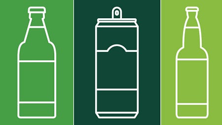 Lineart designs of various beverage containers lined up in a row