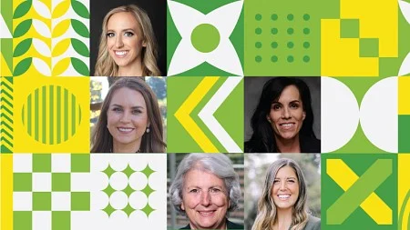A collage of alumna photos among other different designs. Clockwise from the upper left: Mackie Swan, Gabrielle Valdez Dow, Gabby Sanders, Carolyn Chambers, and KaLynn Gates