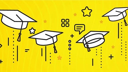 Simple digital line art of graduation caps being thrown in the air