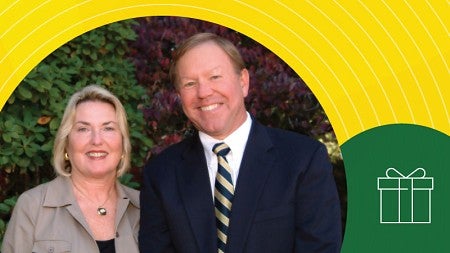 Nancy and Dave Petrone alongside a simple digital line art icon of a gift box with a bow