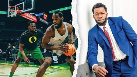 Olu Ashaolu playing on the UO basketball team (left) and in a professional portrait photo (right)