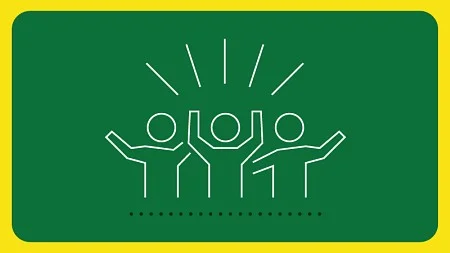 Simple digital icons of a graduation cap, three people with their hands in the air, and the state of Oregon