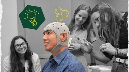 A collage of images of people taking part in activities in the Insights Research Lab, including a participant wearing a special cap while others look on, and Lundquist College Dean Bruce Blonigen using a VR headset