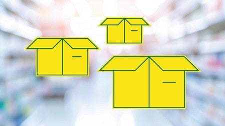 Simple digital artwork of open cardboard boxes against a background of a store aisle