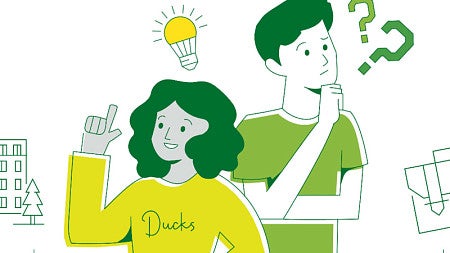 Simple digital art of two people, one with question marks over their head and another with a lightbulb over theirs.