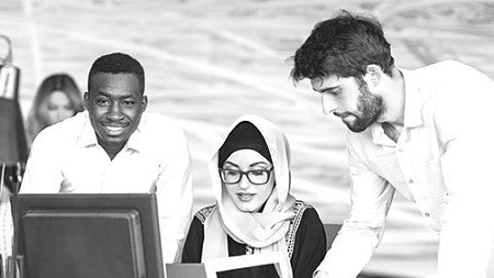 Illustration with Start-Up Nation event logo with a photo showing a diverse set of students working together
