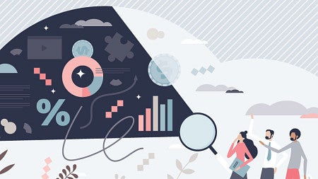 Digital art of three people holding a giant magnifying glass up to a cloud, revealing math symbols