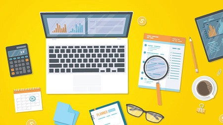 Digital artwork representing an aerial view of a desktop, including a laptop, glasses, calculator, coffee, and more