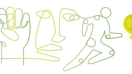 Line drawing of faces, a running figure, and a closed fist