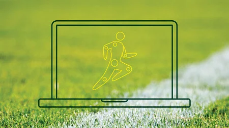 Lineart icon of a laptop with a running figure on the screen against a background of a grassy playing field