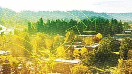 Aerial view of UO campus with graphic icon of graduation cap and arrows
