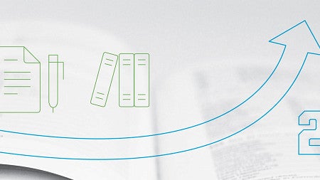 Graphic of upward-pointing arrow with 2018 against background of paperwork