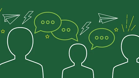 White lineart of human silhouettes and speech bubbles against a dark green background