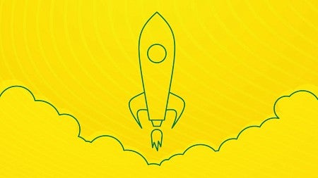 Green icon lineart of a rocket on a yellow background