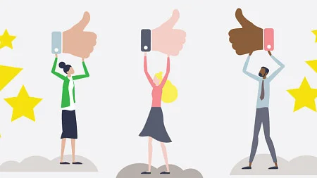 Digital art of three people holding thumbs up emojis above their heads