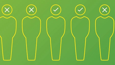 Icons of human silhouettes in a line with checks or pluses within each