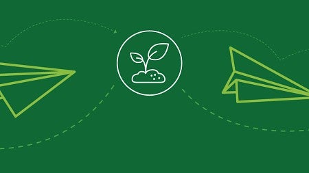 Icons representing sustainability and paper airplanes against a green background