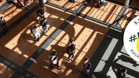 Ducks Give logo against a background of the Lillis atrium