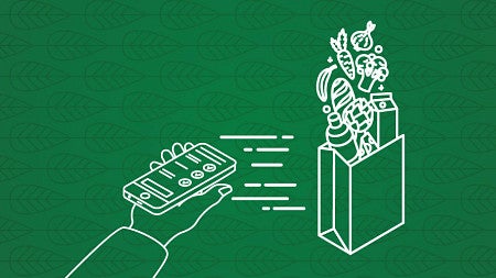 Graphic design lineart of a hand holding a smart phone and a bag of groceries