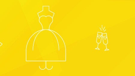 White lineart icons of items representing wedding planning against a yellow background