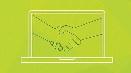 Green icon lineart of two hands shaking on a computer screen