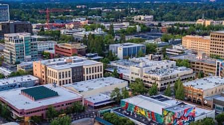 An aerial photo of downtown Eugene