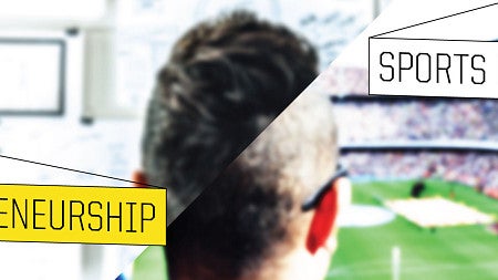 Graphic of entrepreneurship and sports business labels over a background of a person in the stands of a stadium