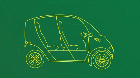 Yellow lineart of an arcimoto car against a dark green background